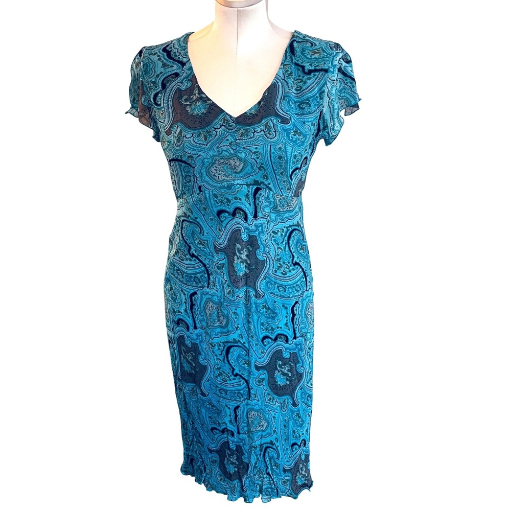 A.M.I. Teal‎ Paisley Flutter Sleeve Midi Dress V-Neck Lettuce Size M Fairy